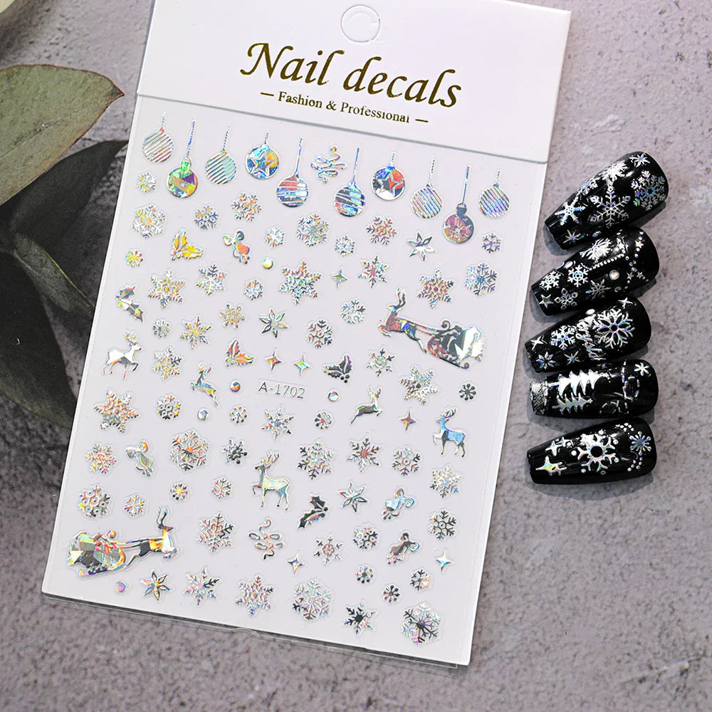 3D Gold Glitter Snowflake Nail Sticker Winter Reflective Elk Star Balloon Christmas Tree Foil Xmas New Year Decal Tips Decoratio (ONLINE ORDER ONLY)
