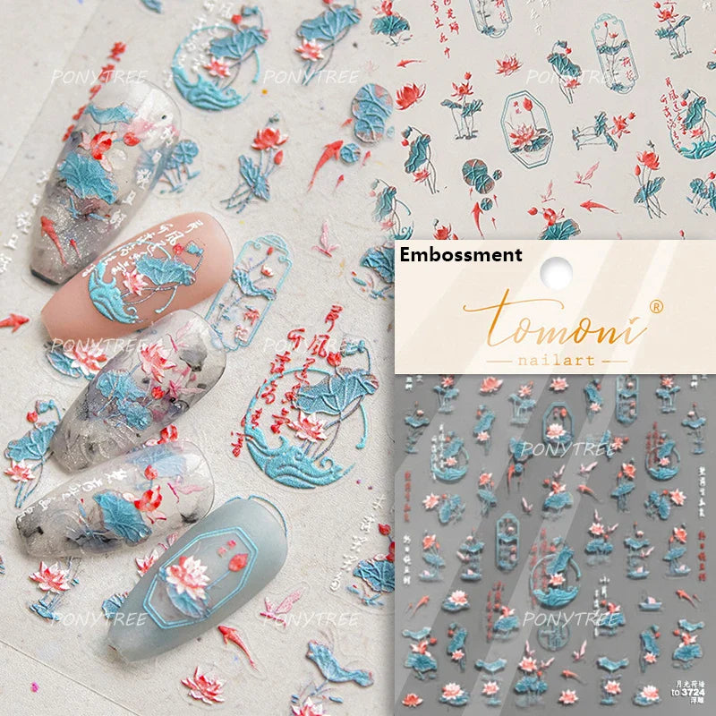 Orchid Daisy Chrysanthemum Peach Blossom Lotus Flower Vase Floral Art Fan Wintersweet Adhesive Nail Art Stickers Manicure Decals (Online Order Only)