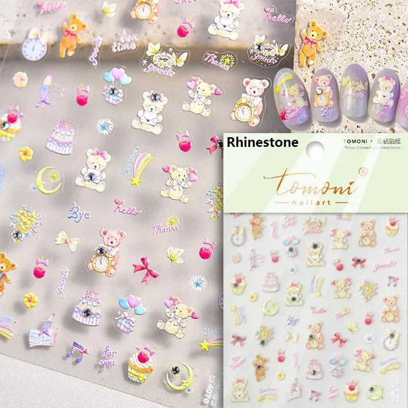 Charming Cherry's Cake Cute Bowknot Pink Blue Bear Flower Bouquet Strawberry Adhesive Nail Art Sticker Rhinestone Manicure Decal (Online Order Only)