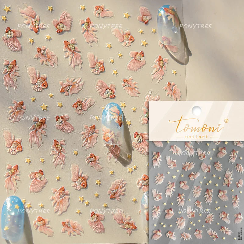Pink Lotus Flower Red Gold Koi Carp Fish Tail Fancy Carp Self Adhesive Nail Art Decorations Stickers Manicure Decals Wholesale (ONLINE ORDER ONLY)