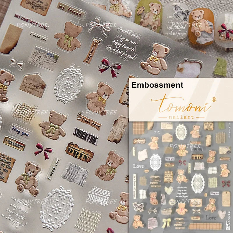 Lovely Bear Strawberry Cake Rose Flower Grid Block Bowknot Embossed Relief Self Adhesive Nail Art Sticker Cute 3D Manicure Decal (ONLINE ORDER ONLY)