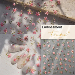 Gradient Coloredful Flower Petal Green Leaf Dreamy Shiny Chinese Rose Fantasy Relief Adhesive Nail Art Stickers Manicure Decals (Online Order Only)