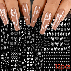 12PCS White Flowers Leaves 3D Nail Stickers Star/Moon/Sun Nail Art Decoration Decals Geometric Flower Stickers Nail Art Supplies (ONLINE ORDER ONLY)