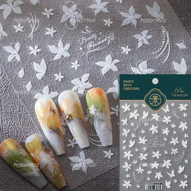 Pure White Lily Petals Flower Butterfly Branch Leaves Line Minimalist Self Adhesive Nail Art Decorations Sticker Manicure Decals (ONLINE ORDER ONLY)