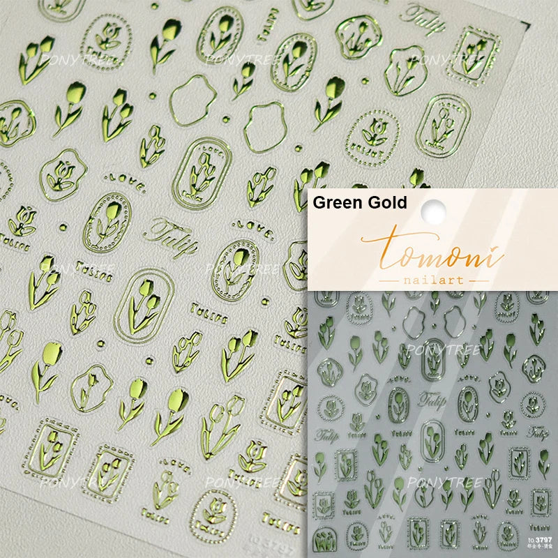 Retro Border Colourful Pink Purple Tulip Flower Bouquet Garden Fragrant 5D Soft Relief Adhesive Nail Art Sticker Manicure Decals (ONLINE ORDER ONLY)
