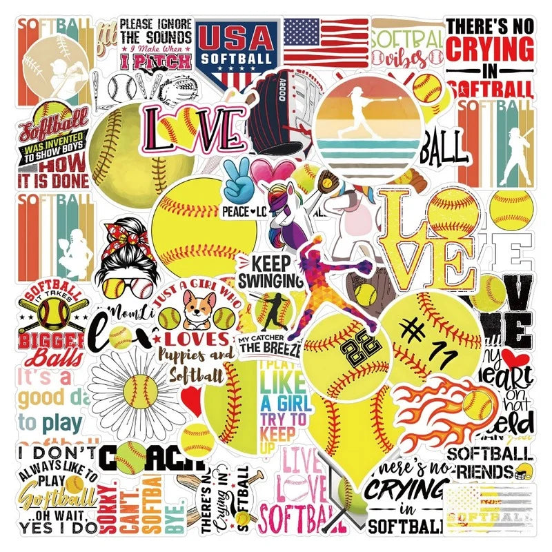 Softball Stickers 10/25/50pcs Waterproof Decals for Phone, Laptop, Car, Skateboard (ONLINE ORDER ONLY)