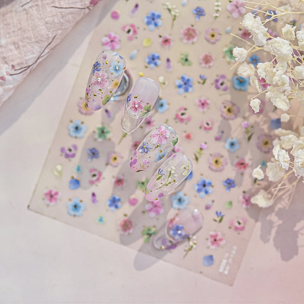 Colourful Dried Flower Petal Texture Peach Blossom Orchid Fragrant Bouquet 5D 3D Self Adhesive Nail Art Stickers Manicure Decals (ONLINE ORDER ONLY)