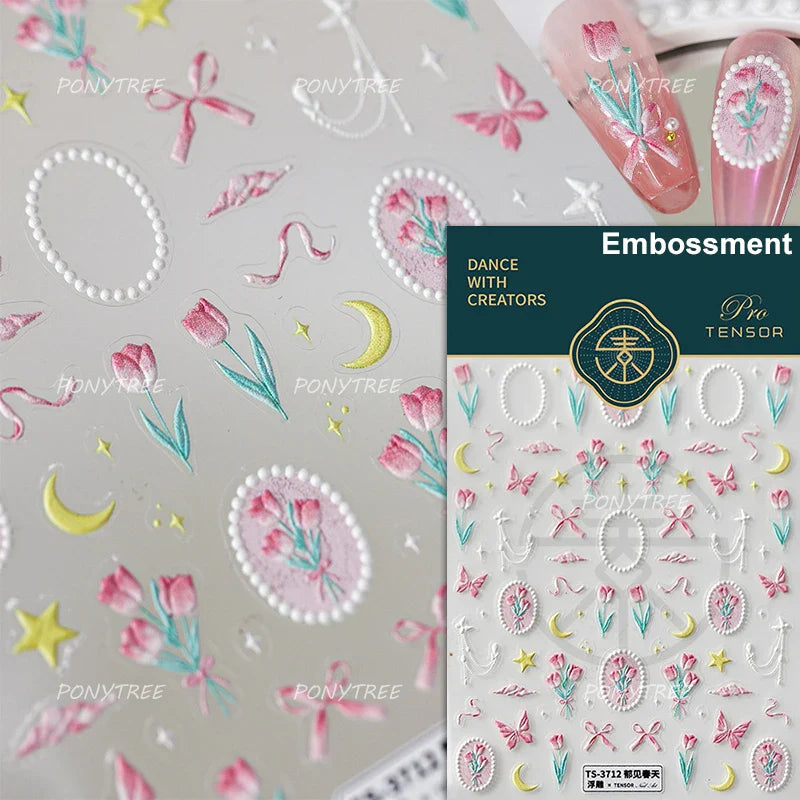 Lovely Bowknot Flower Shiny Star Love Heart Vibrant and Lively Tulip Moon Self Adhesive Nail Art Stickers Relief Manicure Decals (ONLINE ORDER ONLY)