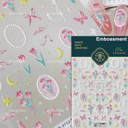 Lovely Bowknot Flower Shiny Star Love Heart Vibrant and Lively Tulip Moon Self Adhesive Nail Art Stickers Relief Manicure Decals (ONLINE ORDER ONLY)