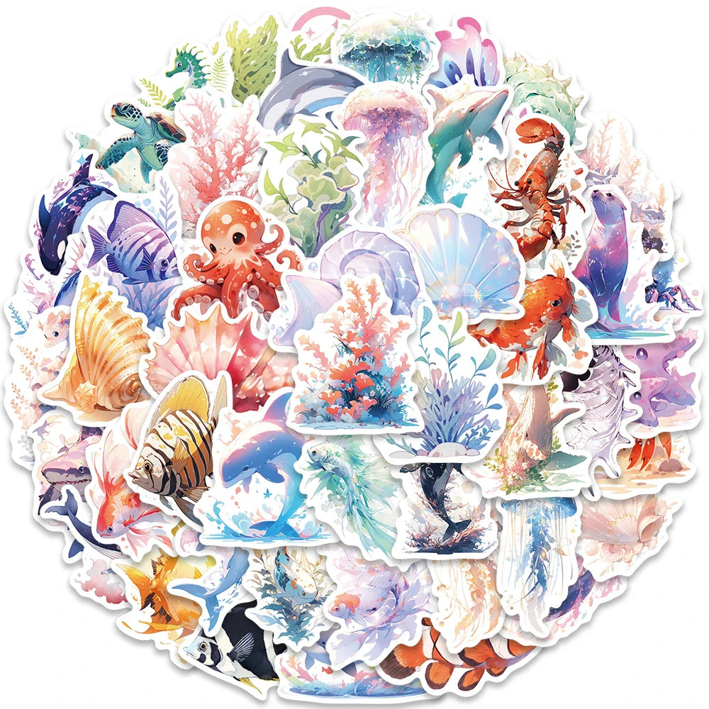 50pcs Cute Cartoon Marine Organism Stickers Vinyl Laptop Water Bottle Decals Luggage Guitar Skateboard Waterproof Graffiti (ONLINE ORDER ONLY)