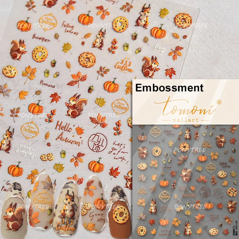 Squirrel Mushroom Apple Strawberry Cherry Pinecone Ginkgo Leaf Self Adhesive Nail Art Stickers Butterfly Flower Manicure Decals (ONLINE ORDER ONLY)