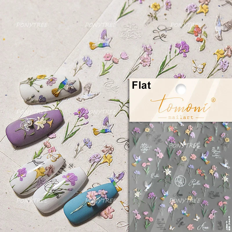 Vibrant and Lively Pullulate Purple Blue Snow Orchid Flower Garden Springtime Adhesive Nail Art Sticker Chic 3D Manicure Decals (Online Order Only)