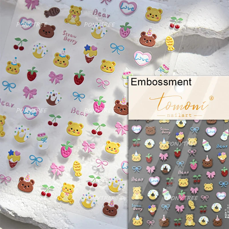 Lovely Bear Strawberry Cake Rose Flower Grid Block Bowknot Embossed Relief Self Adhesive Nail Art Sticker Cute 3D Manicure Decal (ONLINE ORDER ONLY)