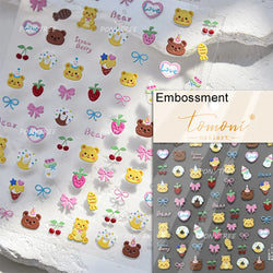 Lovely Bear Strawberry Cake Rose Flower Grid Block Bowknot Embossed Relief Self Adhesive Nail Art Sticker Cute 3D Manicure Decal (ONLINE ORDER ONLY)