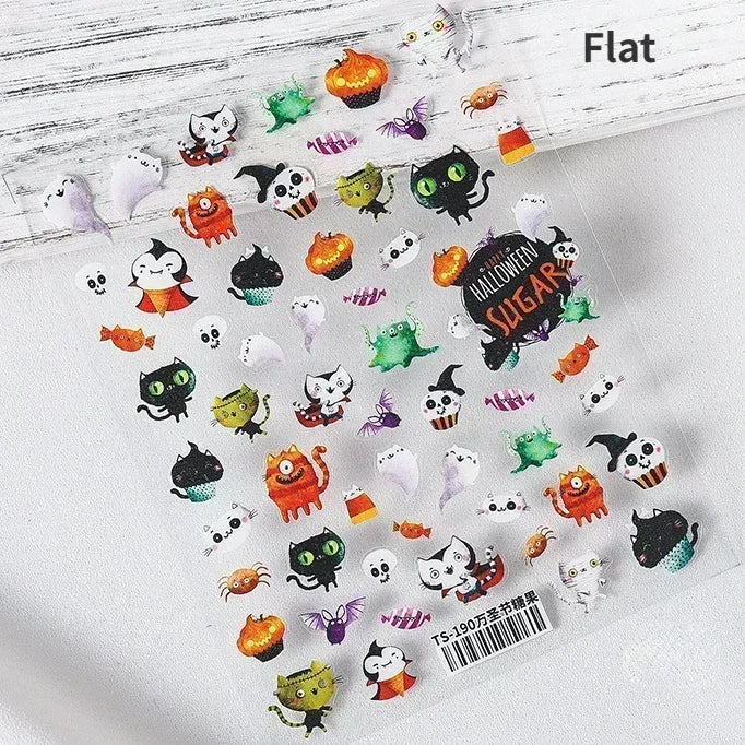 Cat Eye Halloween Terror Spider Cross Rose Love Heart Flower Snake Web Candy Bunny Thrilling Nail Art Stickers Manicure Decals (Online Order Only)