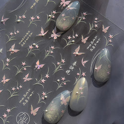 Vigorous Pink Orchid Cymbidium Antique Fragrant Thoroughwort Grass Butterfly Adhesive Nail Art Sticker Plant 3D Manicure Decals (ONLINE ORDER ONLY)