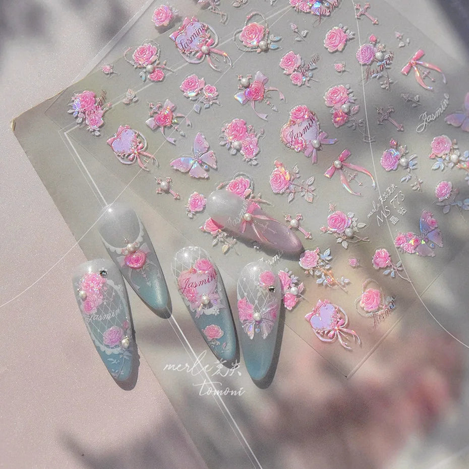 Pink Rose Flower Rambler Heart Bowknot Butterfly Shiny Soft Relief Adhesive Nail Art Stickers Romantic Spring 3D Manicure Decals (ONLINE ORDER ONLY)