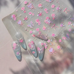 Pink Rose Flower Rambler Heart Bowknot Butterfly Shiny Soft Relief Adhesive Nail Art Stickers Romantic Spring 3D Manicure Decals (ONLINE ORDER ONLY)