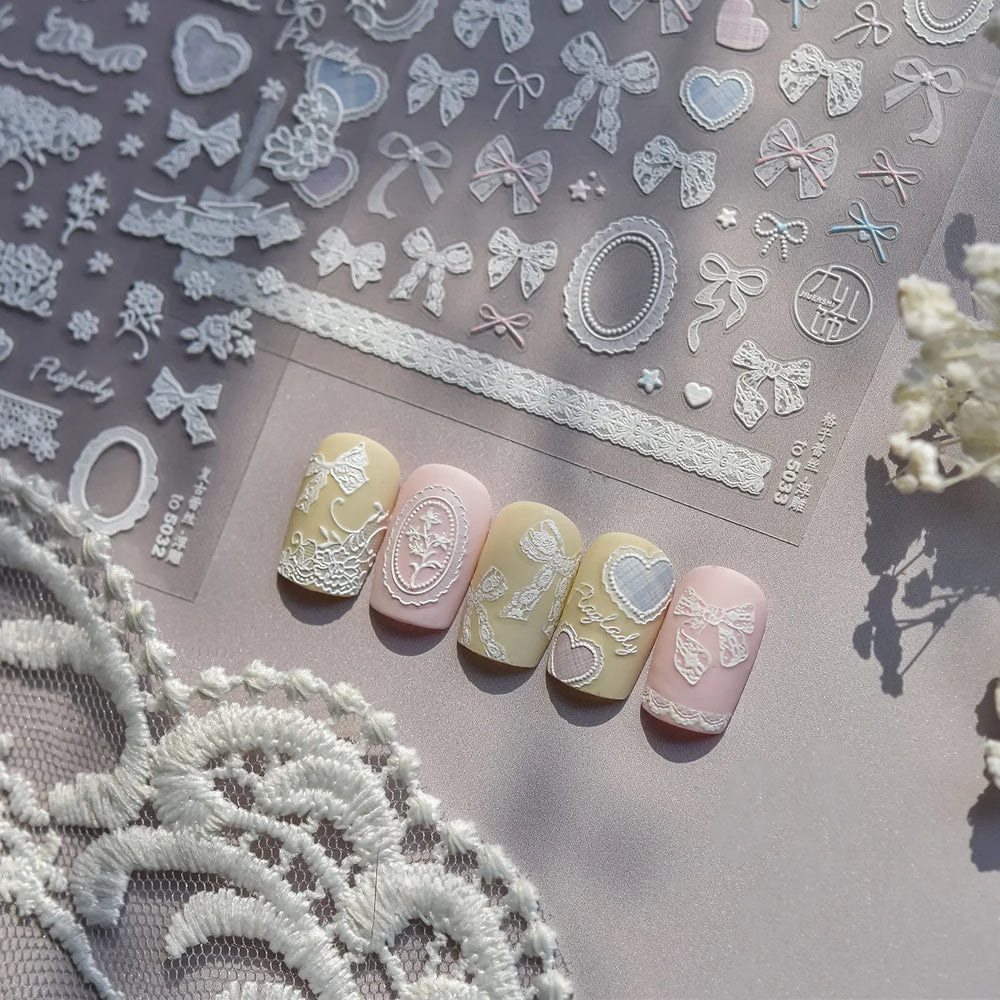 Gird Lace Bowknot Love Heart Flower Fabric Printing Frame Bow Tie Rococo Pattern Daisy Tender Nail Art Stickers Manicure Decals (ONLINE ORDER ONLY)