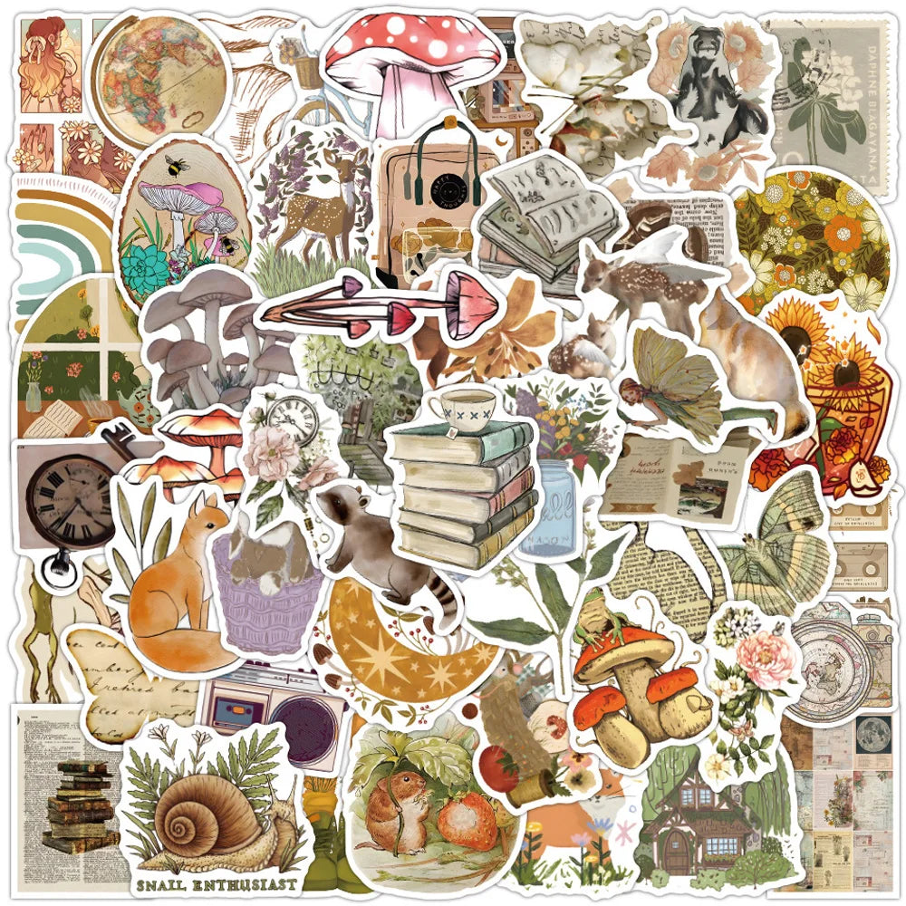 Retro Cartoon Animal Plant Art Stickers - Aesthetic Waterproof Decals for Phone, Laptop, Scrapbook, Diary (ONLINE ORDER ONLY)
