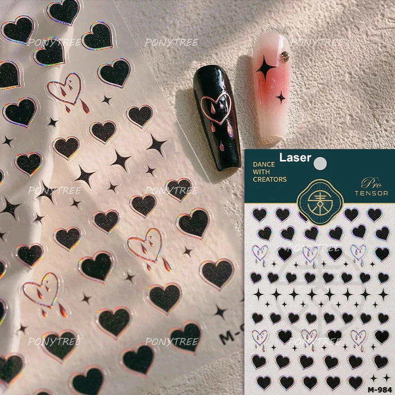 Black Punk Star Heart Laser Stroke Dark Wind Sexy Water Droplet Delicate Adhesive Nail Art Decorations Stickers Manicure Decals (ONLINE ORDER ONLY)