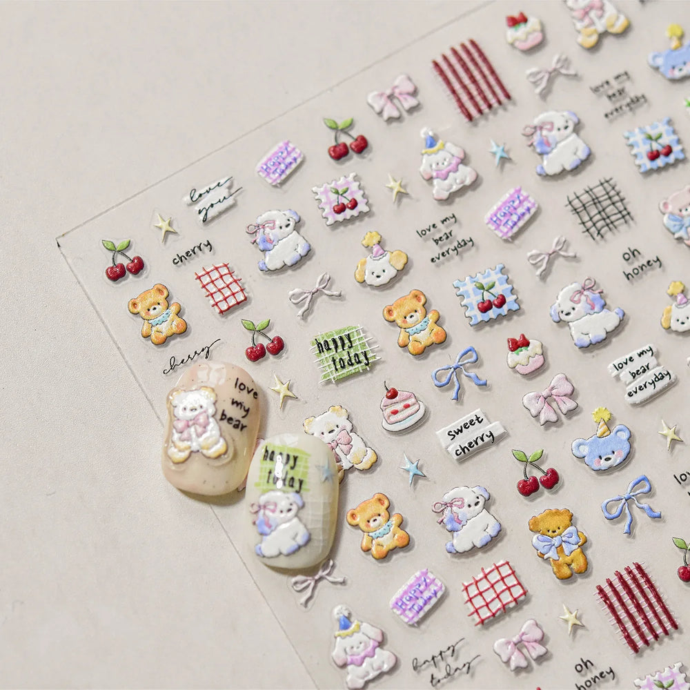 Cute Animals Bear Dog Cake Sweet Cherry Grid Bowknot Star Line Fruit Relief Self Adhesive Nail Art Stickers 3D Manicure Decals (ONLINE ORDER ONLY)
