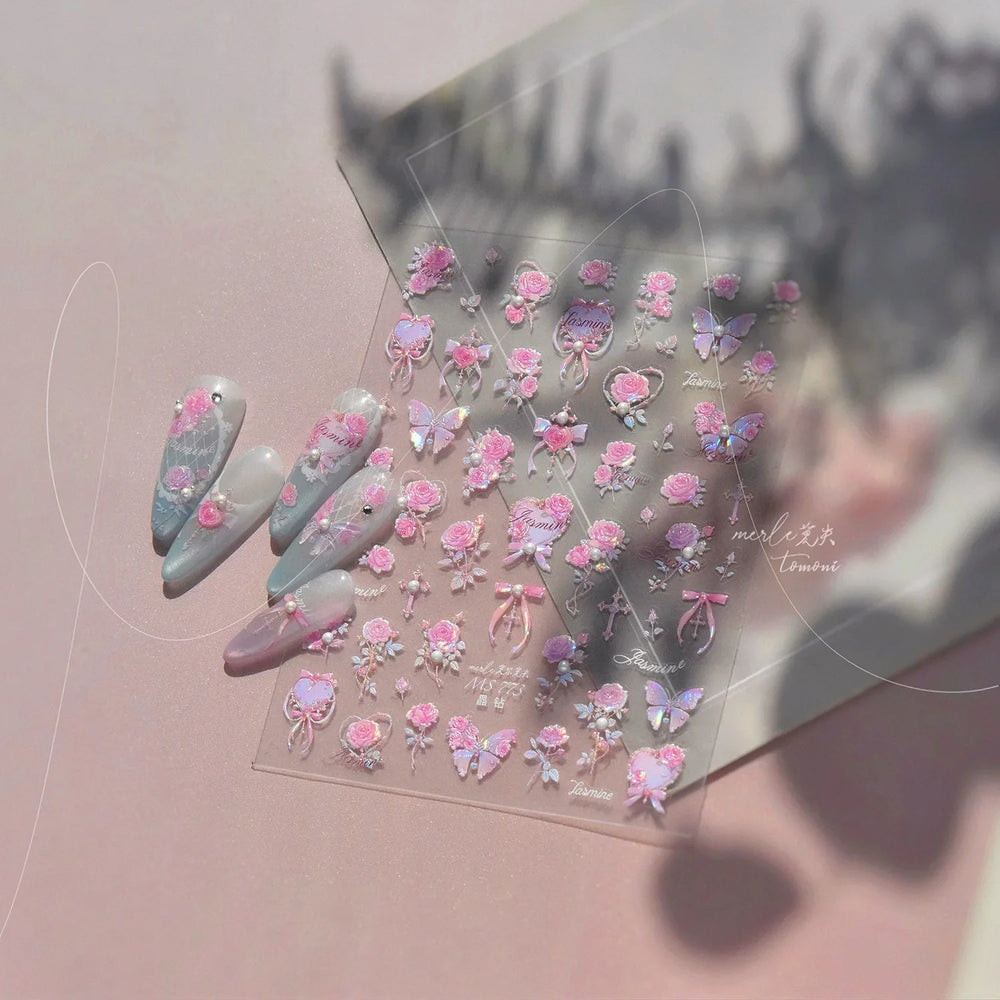 Pink Rose Flower Rambler Heart Bowknot Butterfly Shiny Soft Relief Adhesive Nail Art Stickers Romantic Spring 3D Manicure Decals (ONLINE ORDER ONLY)