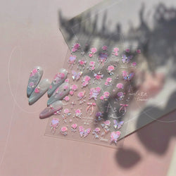 Pink Rose Flower Rambler Heart Bowknot Butterfly Shiny Soft Relief Adhesive Nail Art Stickers Romantic Spring 3D Manicure Decals (ONLINE ORDER ONLY)