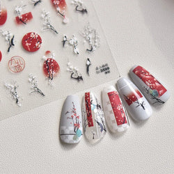 Red Plum Blossom Flower Chinese 3D Self Adhesive Nail Art Decoration Stickers Cheongsam Iris Lily Lotus Vase 5D Manicure Decals (ONLINE ORDER ONLY)