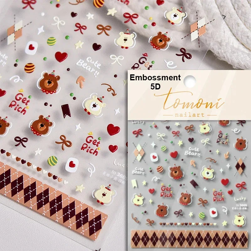 French Style Colorful Square Grid Rhombus Stripe Bowknot Line 3D Self Adhesive Nail Art Stickers Shiny Rhinestone Manicure Decal (Online Order Only)