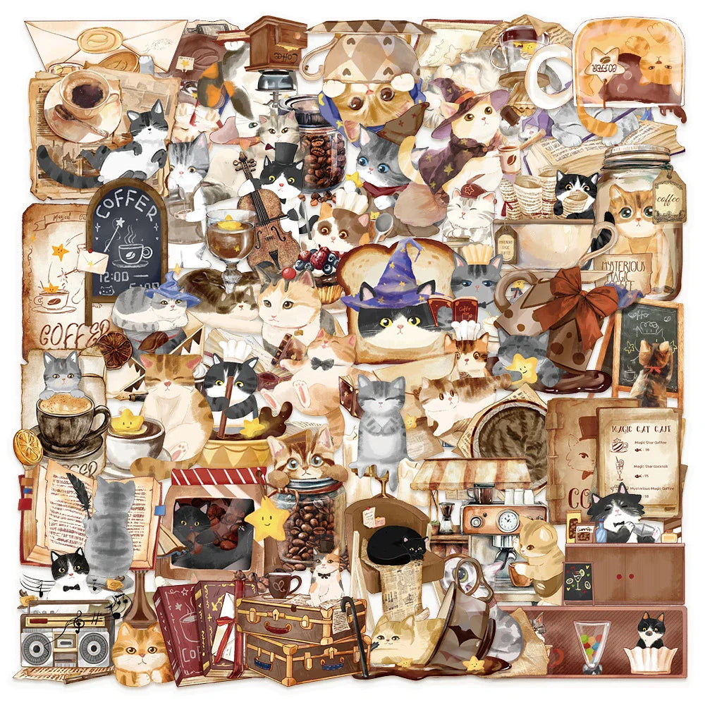 Vintage Cat Coffee Shop Stickers - 10/30/50/100pcs Aesthetic Decals for Fridge, Laptop, Phone, Kids Toys (Online Order Only)