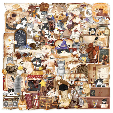 Vintage Cat Coffee Shop Stickers - 10/30/50/100pcs Aesthetic Decals for Fridge, Laptop, Phone, Kids Toys (Online Order Only)