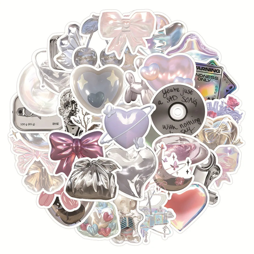 10/30/63pcs Silver Pink Aesthetic Stickers for Skateboard, Phone, Fridge, Bike, DIY Decals (Online Order Only)