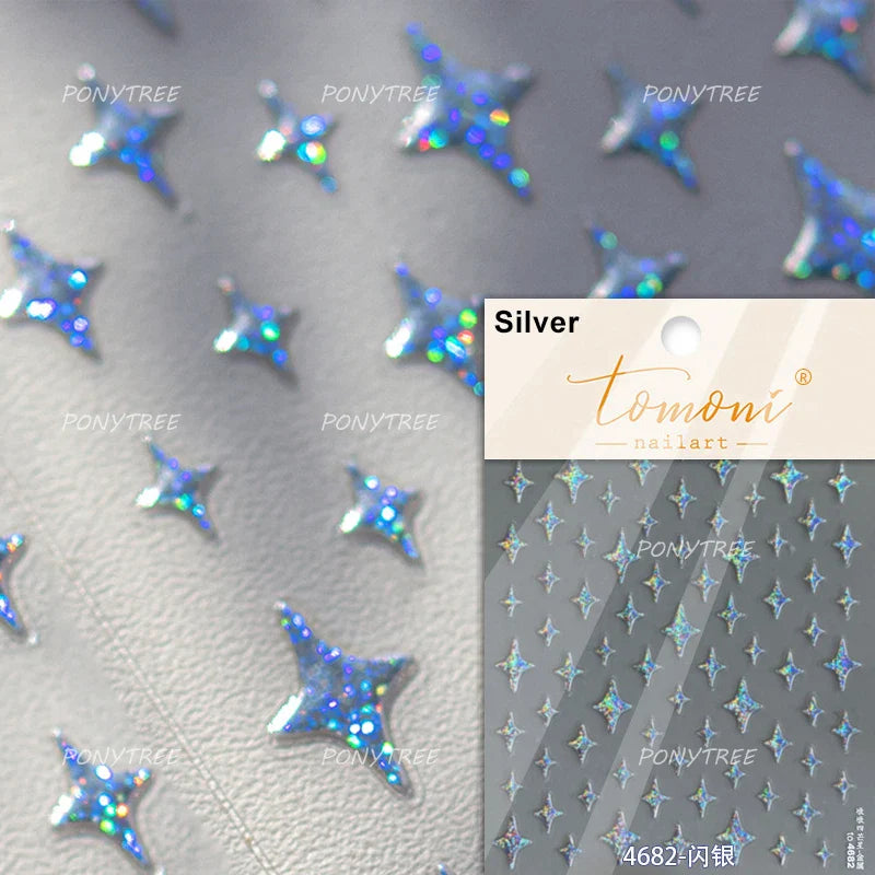 Irregular Stars Red Silver Five-pointed Star Meteor Shiny 5D Self Adhesive Nail Art Stickers Romantic Rhinestone Manicure Decals (ONLINE ORDER ONLY)