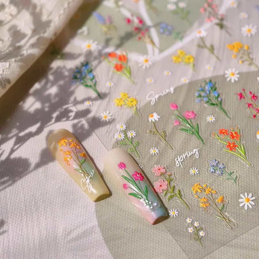 Field Bouquet Canola Flowers Daisy Tulip Garden Lavender Spring Embossed Reliefs Self Adhesive Nail Art Stickers Manicure Decals (ONLINE ORDER ONLY)