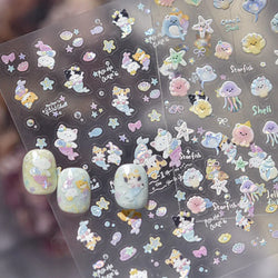 Colourful Ray Jellyfish Otter Cat Mermaid Octopus Starfish Bubbles Conch Shell Bowknot Summer Marine Nail Art Stickers Decals (ONLINE ORDER ONLY)