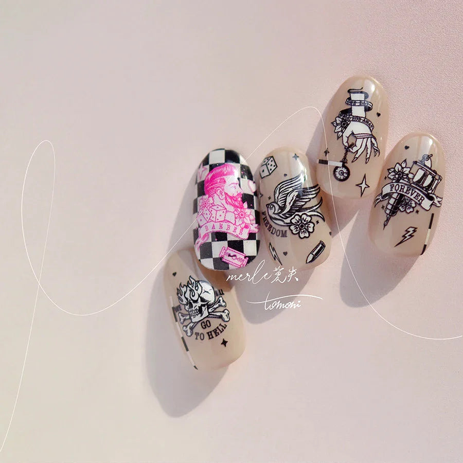 Retro Black Line Skull Man Woman 5D Embossed Relief Self Adhesive Nail Art Sticker Bear Bunny Hand Bird Horror 3D Manicure Decal (Online Order Only)