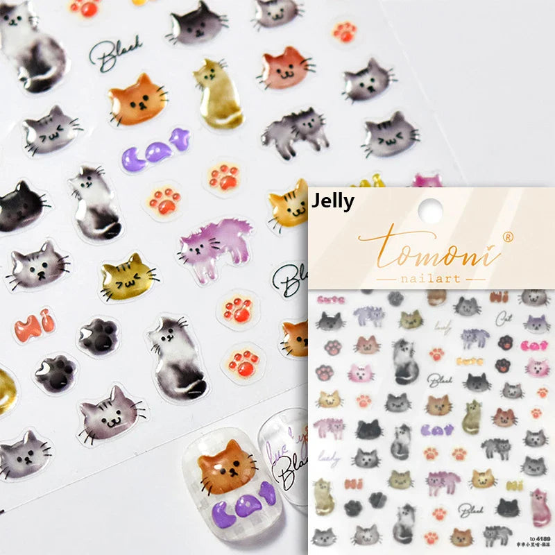 Cat Kitten Mewing Flower Star Bowknot Sweet Cherry Cake Food Line Sun Apple Heart Self Adhesive Nail Art Stickers Manicure Decal (Online Order Only)