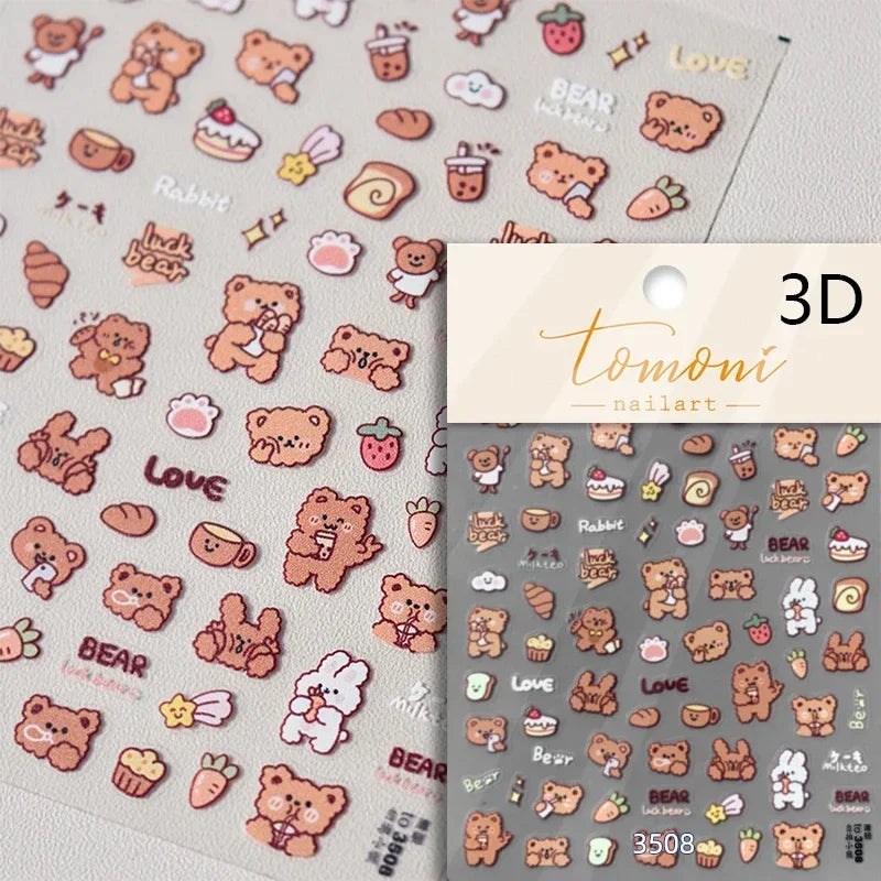 Retro Love Heart White Lace flower Bowknot Tie Pink Bear Flower Strawberry Adhesive Nail Art Stickers Rhinestone Manicure Decals (ONLINE ORDER ONLY)