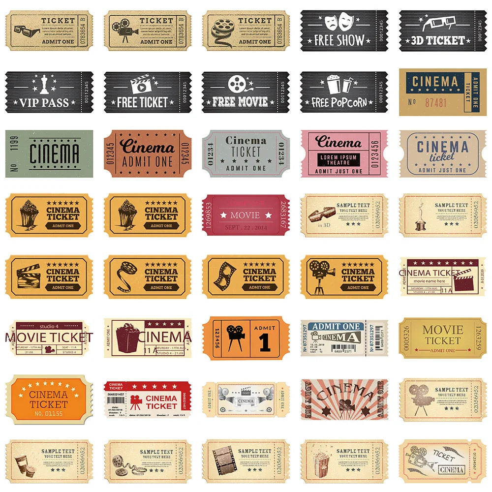 10/40/80pcs Vintage Classic Movie Ticket Stickers Laptop Skateboard Luggage Phone Car Motorcycle Waterproof Sticker Kids Toys (ONLINE ORDER ONLY)
