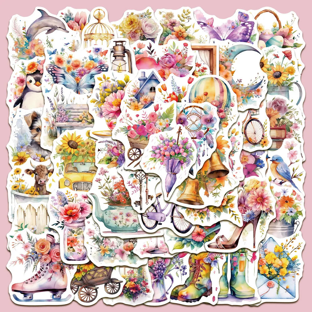 50pcs Cartoon Flower Graffiti Stickers for Helmet, Wall, DIY Decoration (Online Order Only)
