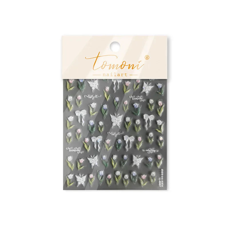Dreamy White Lace Bowknot Purple Pink Gradual Tulip Flower Butterfly Garden Relief Adhesive Nail Art Stickers Manicure Decals (Online Order Only)