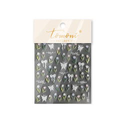 Dreamy White Lace Bowknot Purple Pink Gradual Tulip Flower Butterfly Garden Relief Adhesive Nail Art Stickers Manicure Decals (Online Order Only)