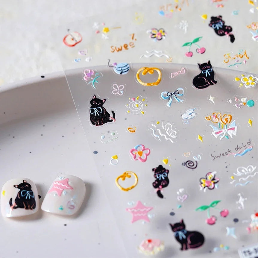 Cat Kitten Mewing Flower Star Bowknot Sweet Cherry Cake Food Line Sun Apple Heart Self Adhesive Nail Art Stickers Manicure Decal (Online Order Only)