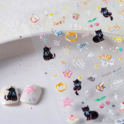 Cat Kitten Mewing Flower Star Bowknot Sweet Cherry Cake Food Line Sun Apple Heart Self Adhesive Nail Art Stickers Manicure Decal (Online Order Only)