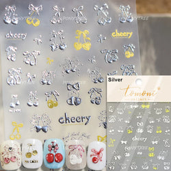 Lovely Green Pink Cherry Pudding Claw Paw Love Heart Bowknot Soft Embossed Reliefs Adhesive Nail Art Stickers Manicure Decals (ONLINE ORDER ONLY)