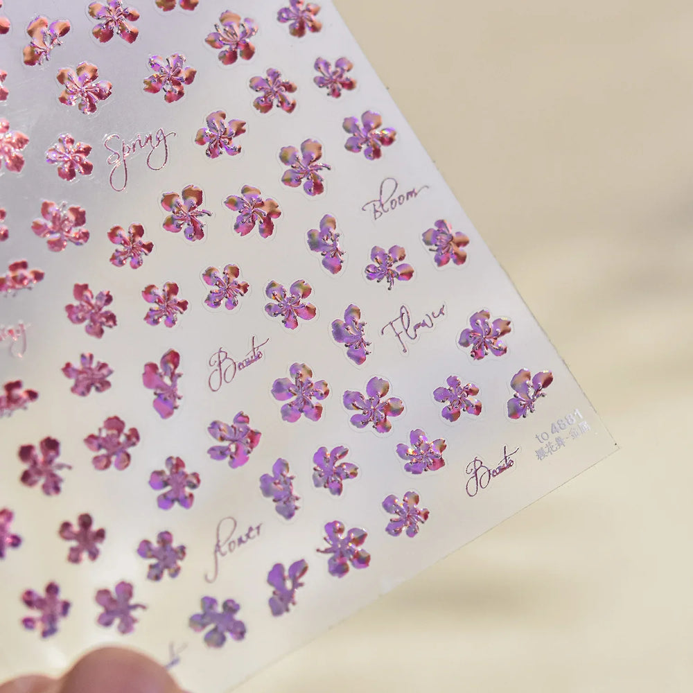 Cherry Blossom Dance Flower Gradient Petal Hot Stamping Laser Pink Adhesive Nail Art Stickers Special Process Manicure Decals (ONLINE ORDER ONLY)