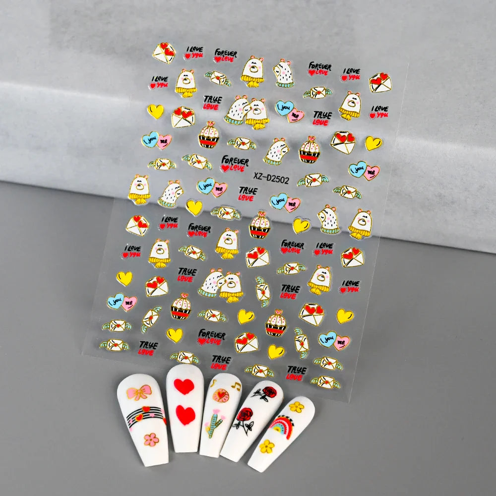 1PC Holographic Laser Heart Nail Stickers-3D Self-Adhesive Golden White Valentines Day Nail Decals For Women Nail Art Decoration (ONLINE ORDER ONLY)