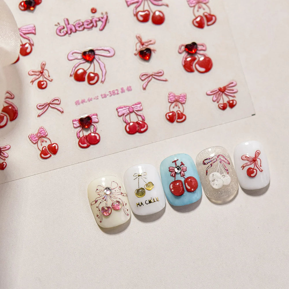Lovely Red Heart Crystal Cherry Fruit Bowknot Letter Gold Pink Self Adhesive Nail Art Sticker Delicate Rhinestone Manicure Decal (ONLINE ORDER ONLY)