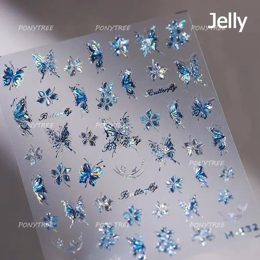 Green Blue Glass Butterfly Lily Flowers Star Line Water Droplet Charming Shiny Self Adhesive Nail Art Stickers Manicure Decals (ONLINE ORDER ONLY)